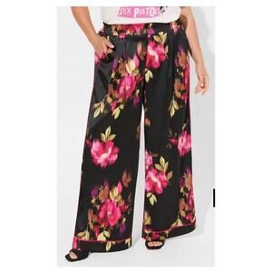 TORRID Wide Leg Satin High Rise Pants Sz 3 Short New Black Pink Floral Stretch